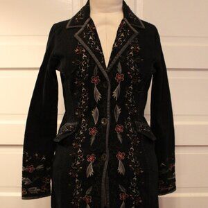 Black Denim Floral Embroidered Coat - Victorian Trading Co - DB Sport